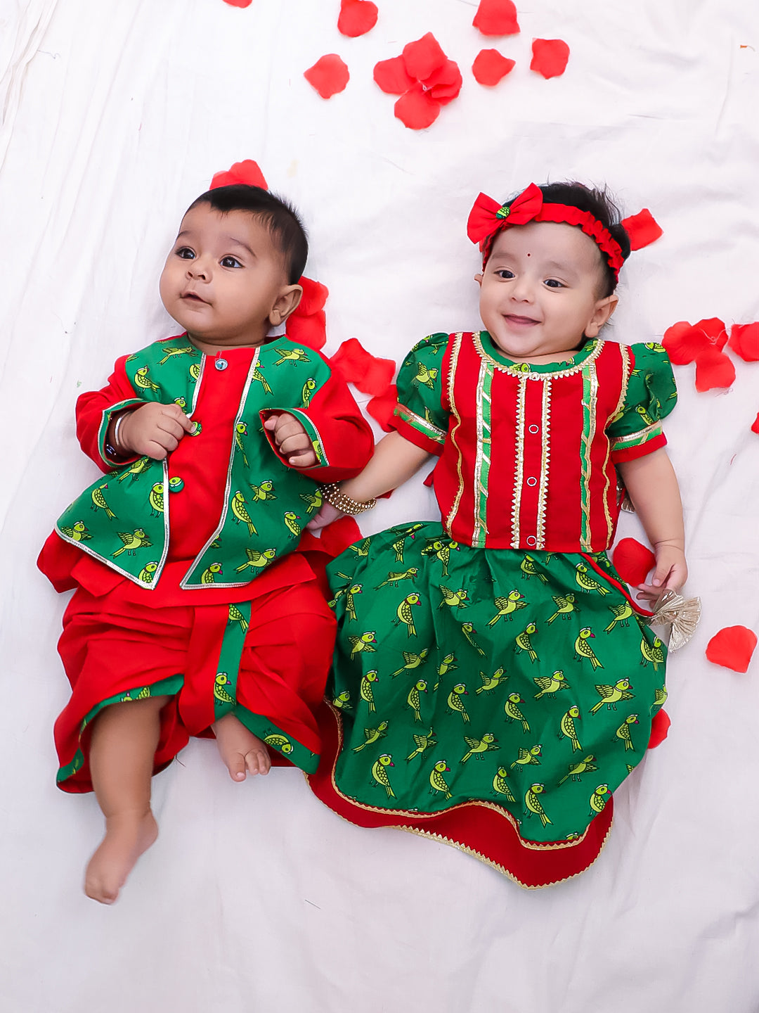 BownBee Pure Cotton Printed Lehenga Choli & Kurta Dhoti Sibling Set For Infants - Red