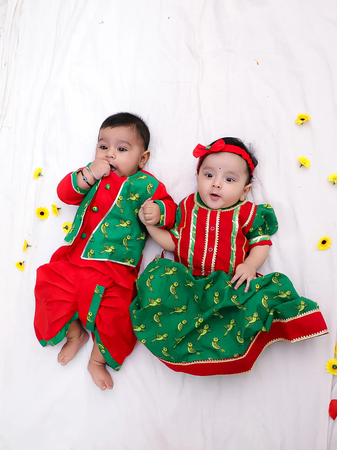 BownBee Pure Cotton Printed Lehenga Choli & Kurta Dhoti Sibling Set For Infants - Red