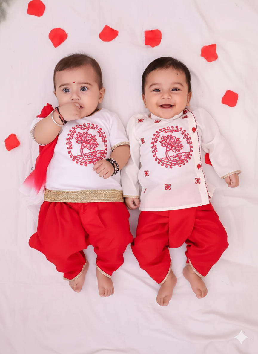 BownBee Cotton Embroidered Ethnic Suit Set & Kurta Dhoti Sibling Set For Infants - White