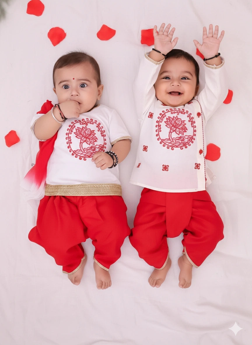 BownBee Cotton Embroidered Ethnic Suit Set & Kurta Dhoti Sibling Set For Infants