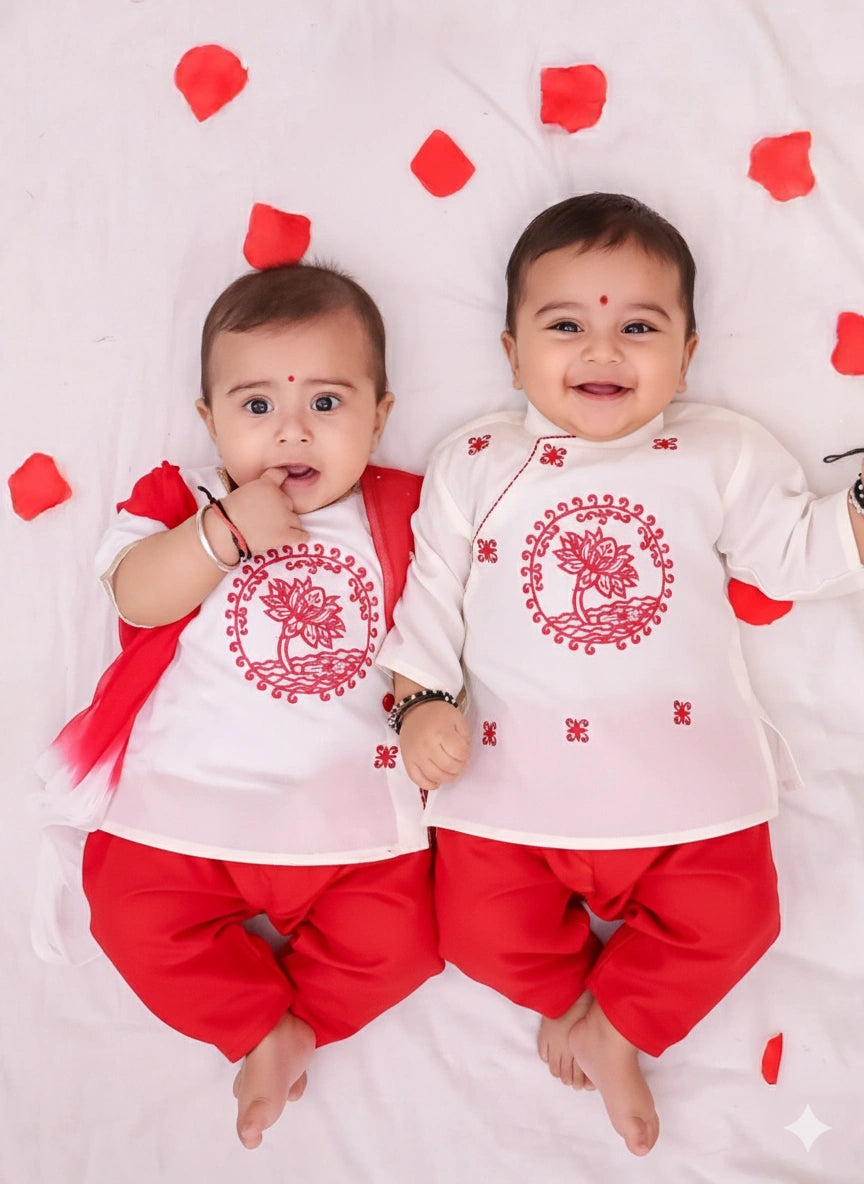 BownBee Cotton Embroidered Ethnic Suit Set & Kurta Dhoti Sibling Set For Infants