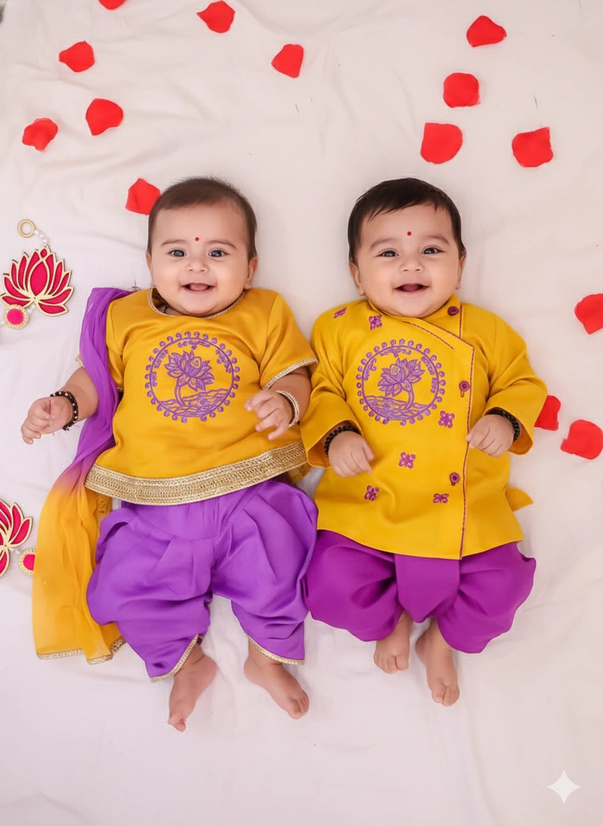 BownBee Cotton Embroidered Ethnic Suit Set & Kurta Dhoti Sibling Set For Infants