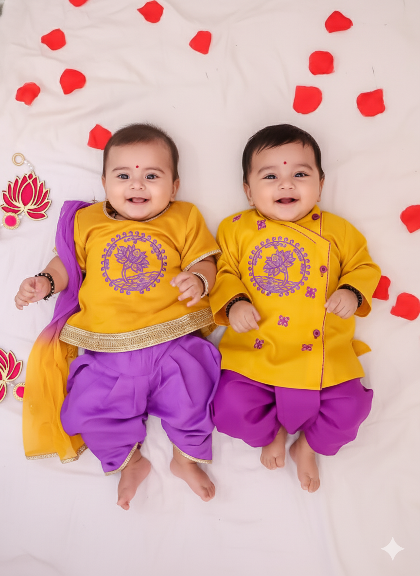BownBee Cotton Embroidered Ethnic Suit Set & Kurta Dhoti Sibling Set For Infants - Yellow