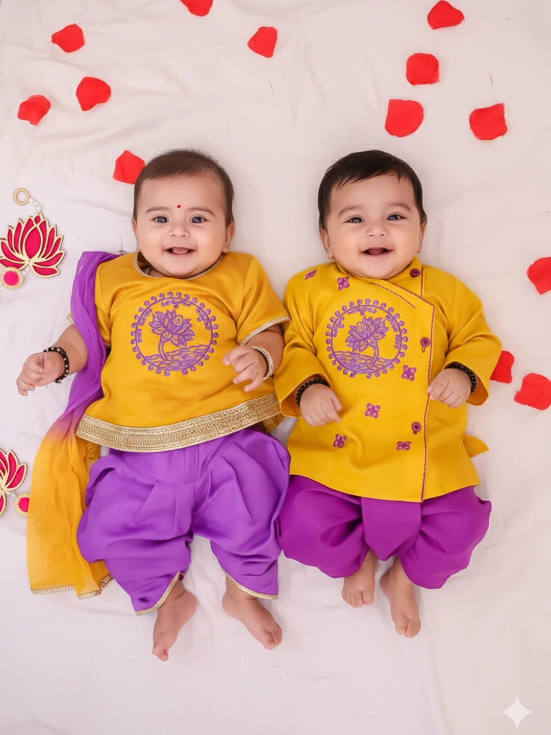 BownBee Cotton Embroidered Ethnic Suit Set & Kurta Dhoti Sibling Set For Infants