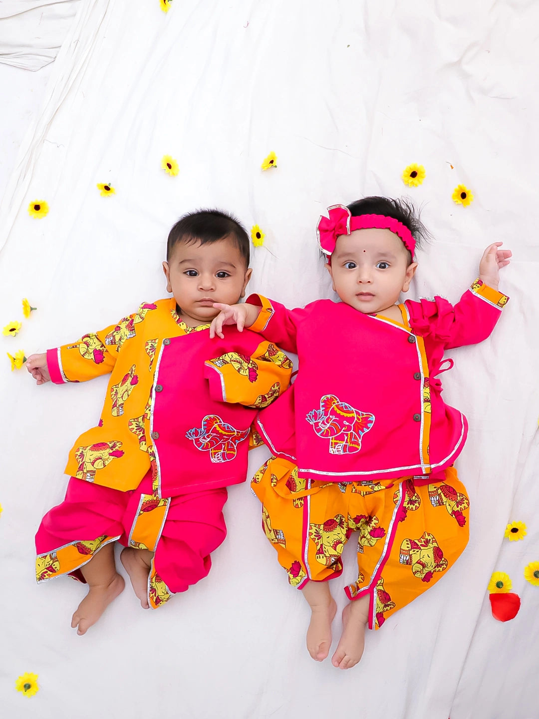BownBee Pure Cotton Fish Embroidered Ethnic Suit Set & Kurta Dhoti Sibling Set For Infants - Pink