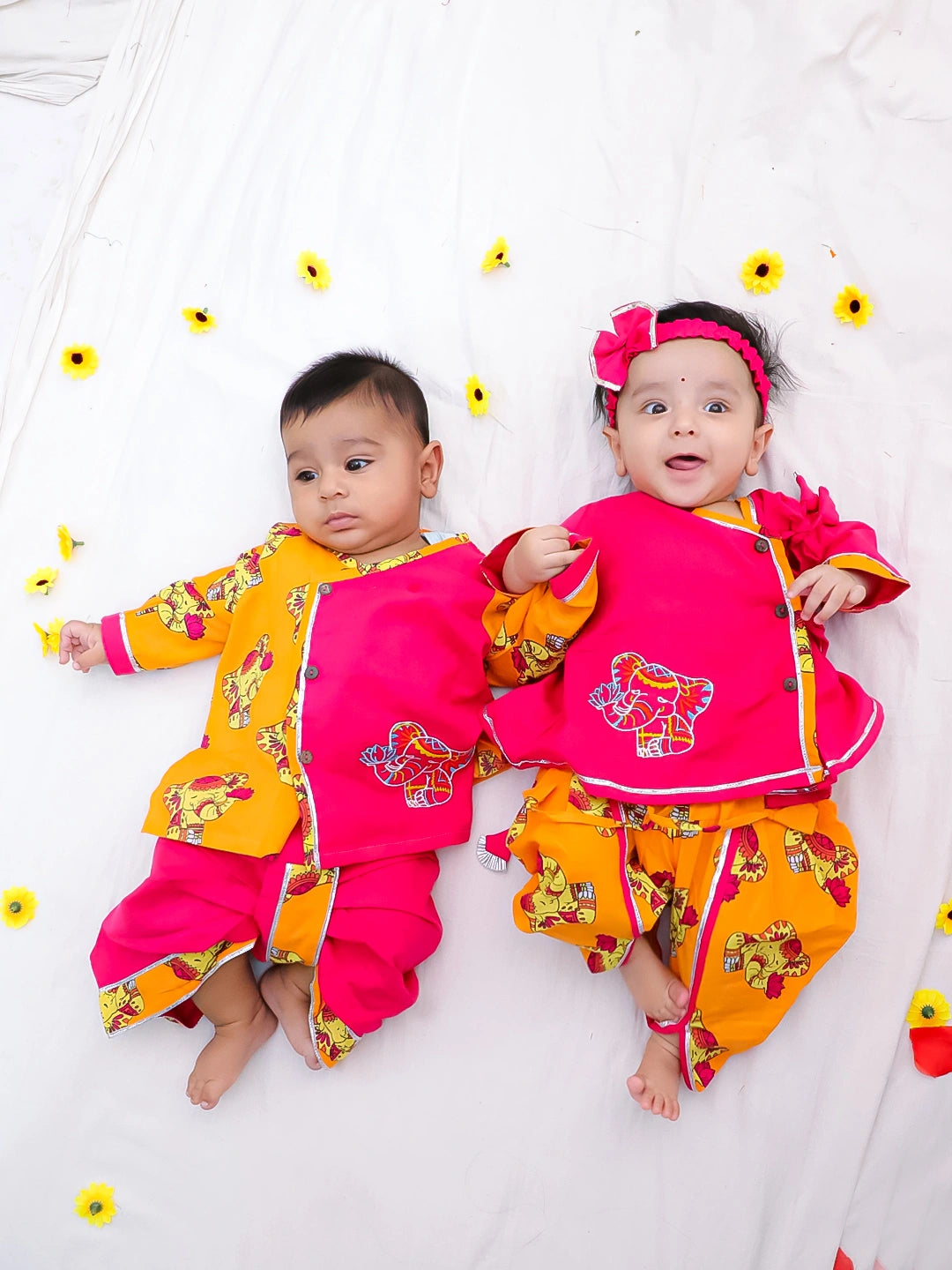 BownBee Pure Cotton Fish Embroidered Ethnic Suit Set & Kurta Dhoti Sibling Set For Infants - Pink