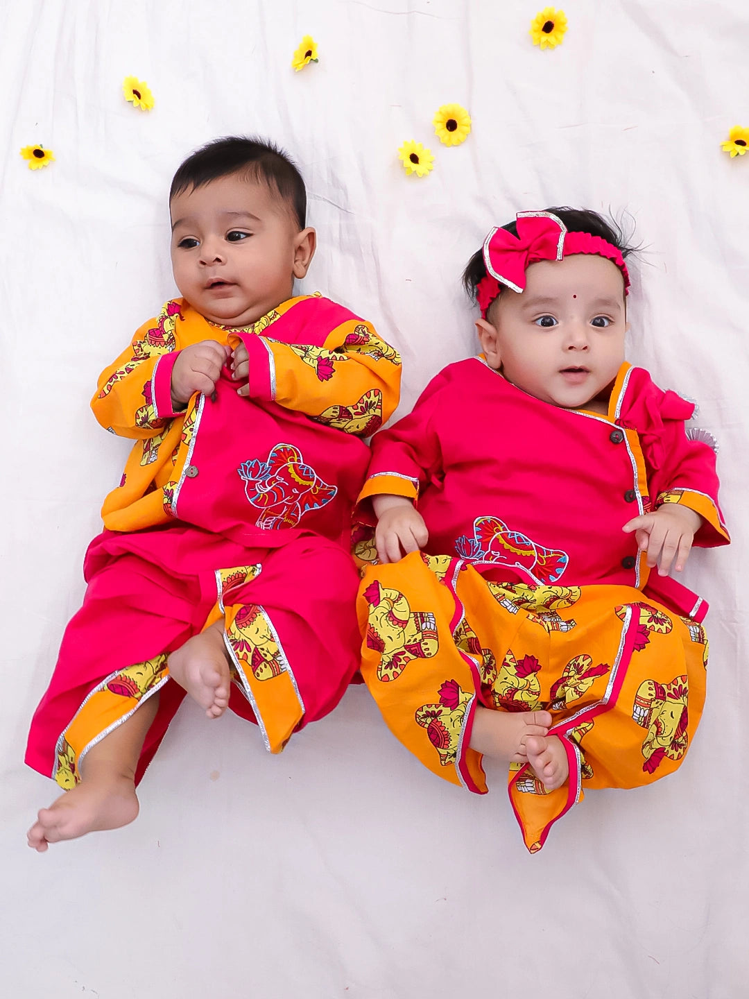 BownBee Pure Cotton Fish Embroidered Ethnic Suit Set & Kurta Dhoti Sibling Set For Infants - Pink