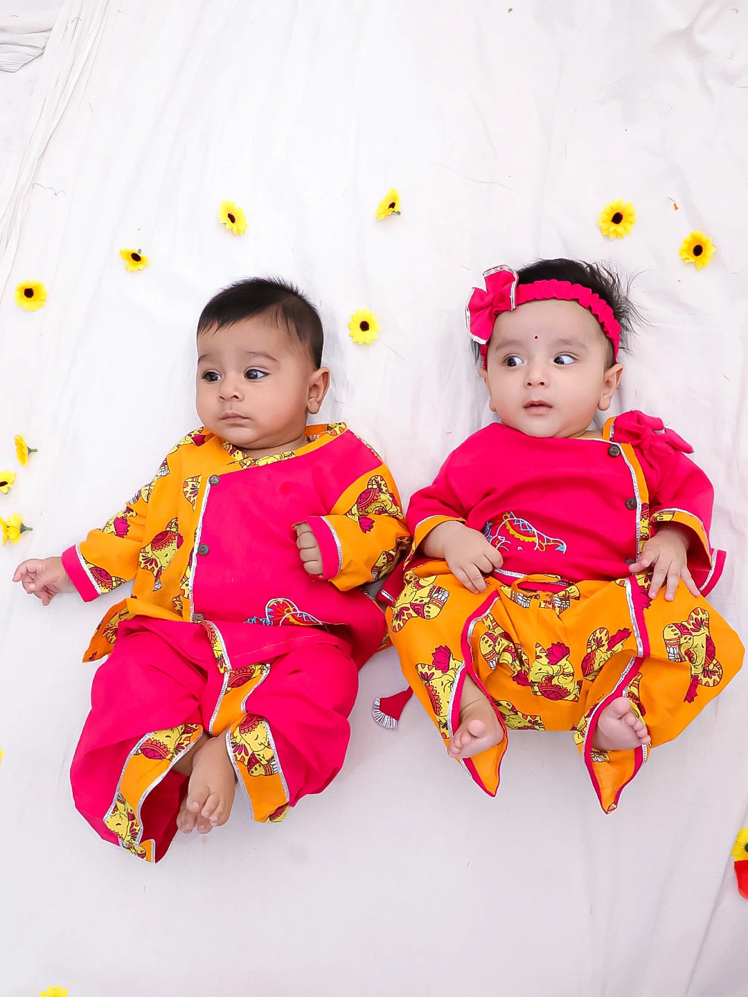 BownBee Pure Cotton Fish Embroidered Ethnic Suit Set & Kurta Dhoti Sibling Set For Infants - Pink