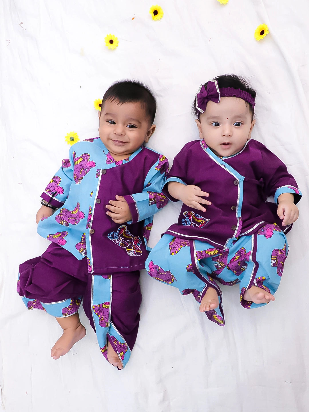 BownBee Pure Cotton Fish Embroidered Ethnic Suit Set & Kurta Dhoti Sibling Set For Infants