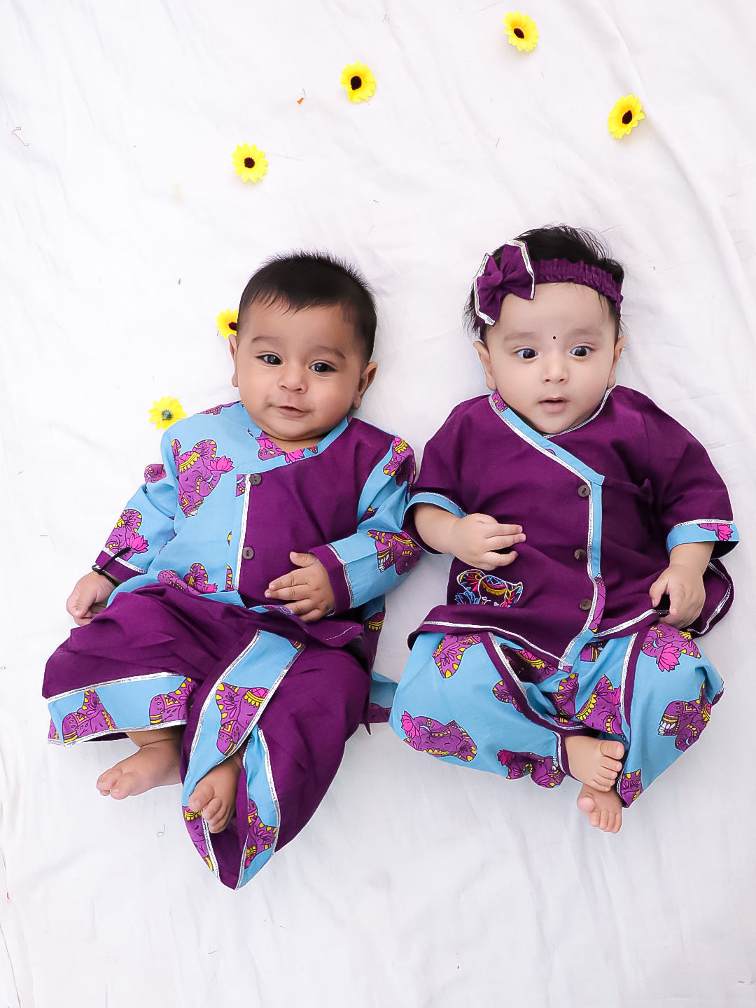 BownBee Pure Cotton Fish Embroidered Ethnic Suit Set & Kurta Dhoti Sibling Set For Infants - Purple