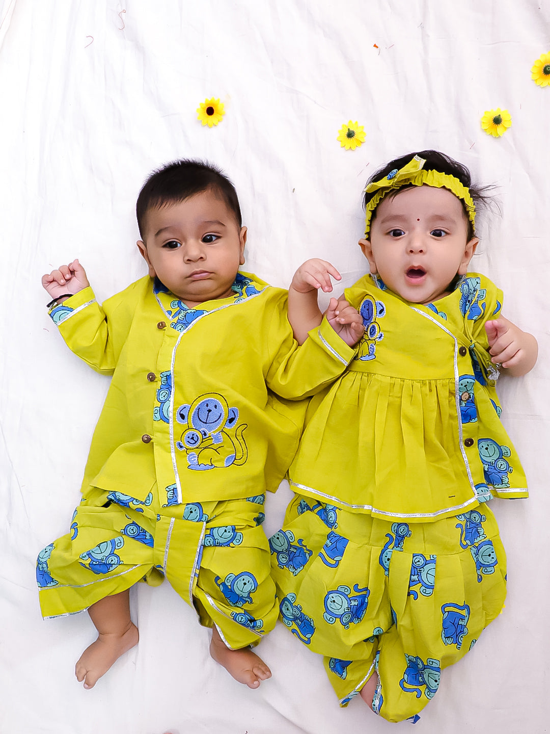 BownBee Pure Cotton Fish Embroidered Ethnic Suit Set & Kurta Dhoti Sibling Set For Infants - Yellow