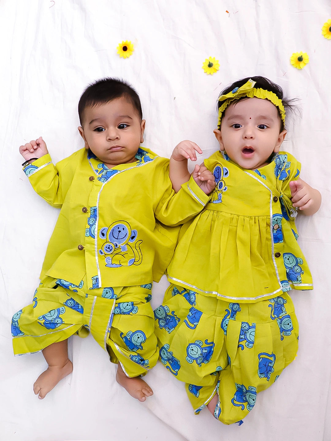BownBee Pure Cotton Fish Embroidered Ethnic Suit Set & Kurta Dhoti Sibling Set For Infants - Yellow