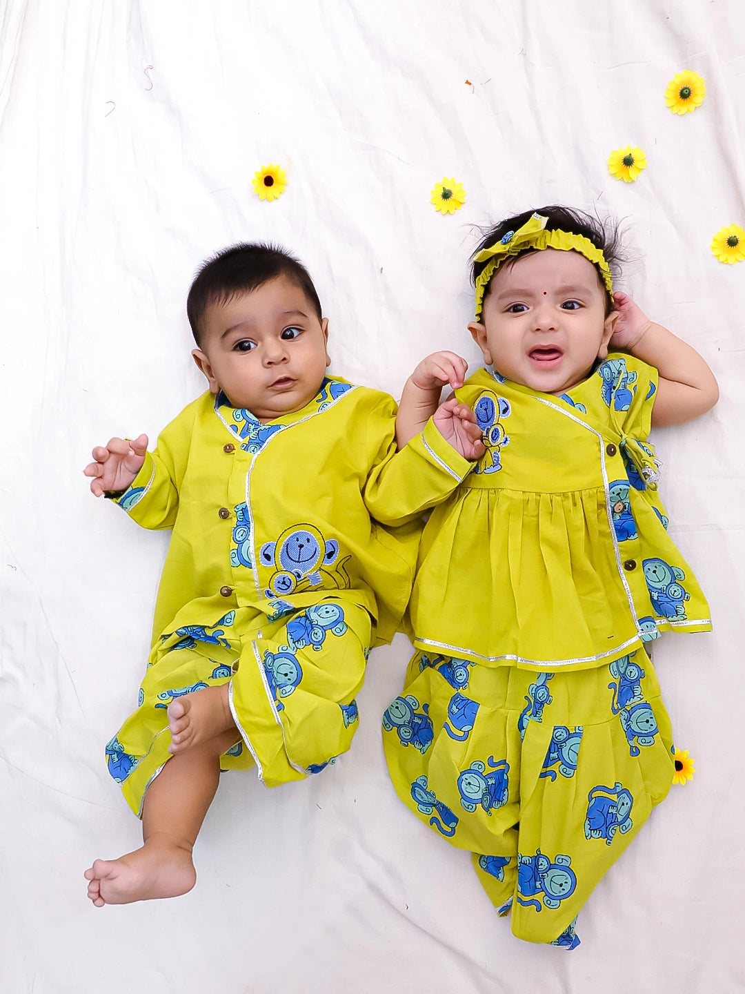 BownBee Pure Cotton Fish Embroidered Ethnic Suit Set & Kurta Dhoti Sibling Set For Infants - Yellow