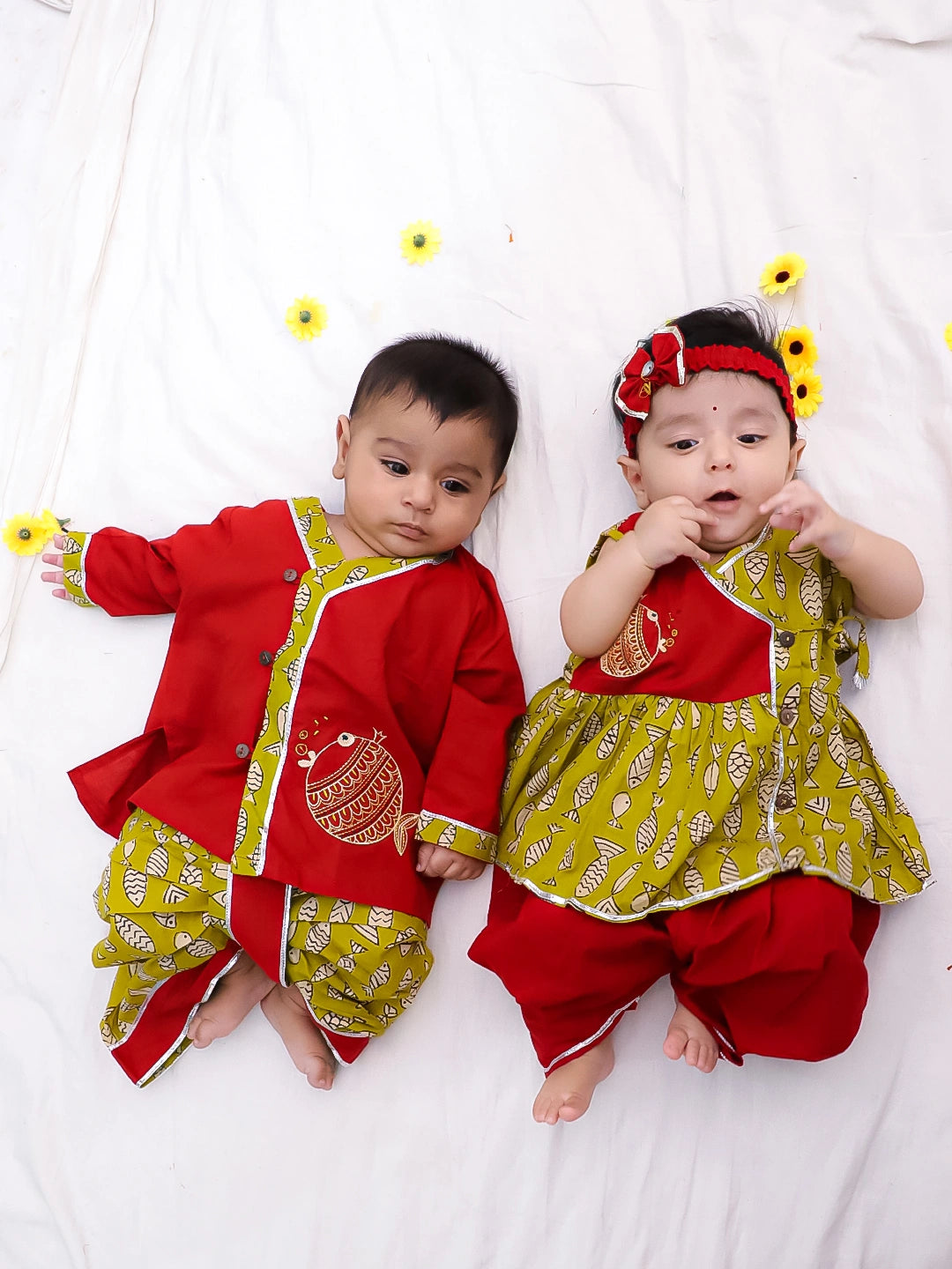 BownBee Pure Cotton Fish Embroidered Ethnic Suit Set & Kurta Dhoti Sibling Set For Infants