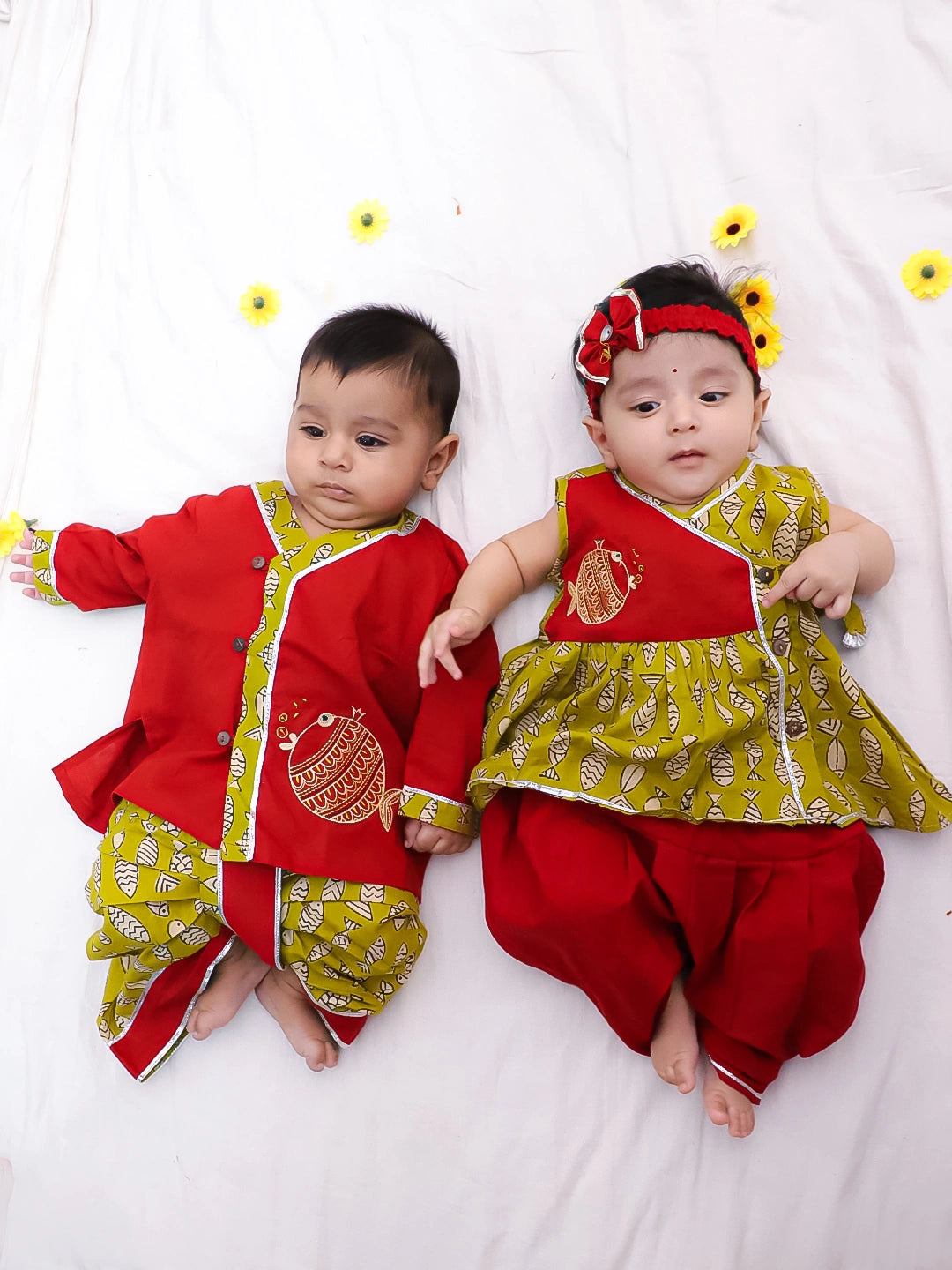 BownBee Pure Cotton Fish Embroidered Ethnic Suit Set & Kurta Dhoti Sibling Set For Infants