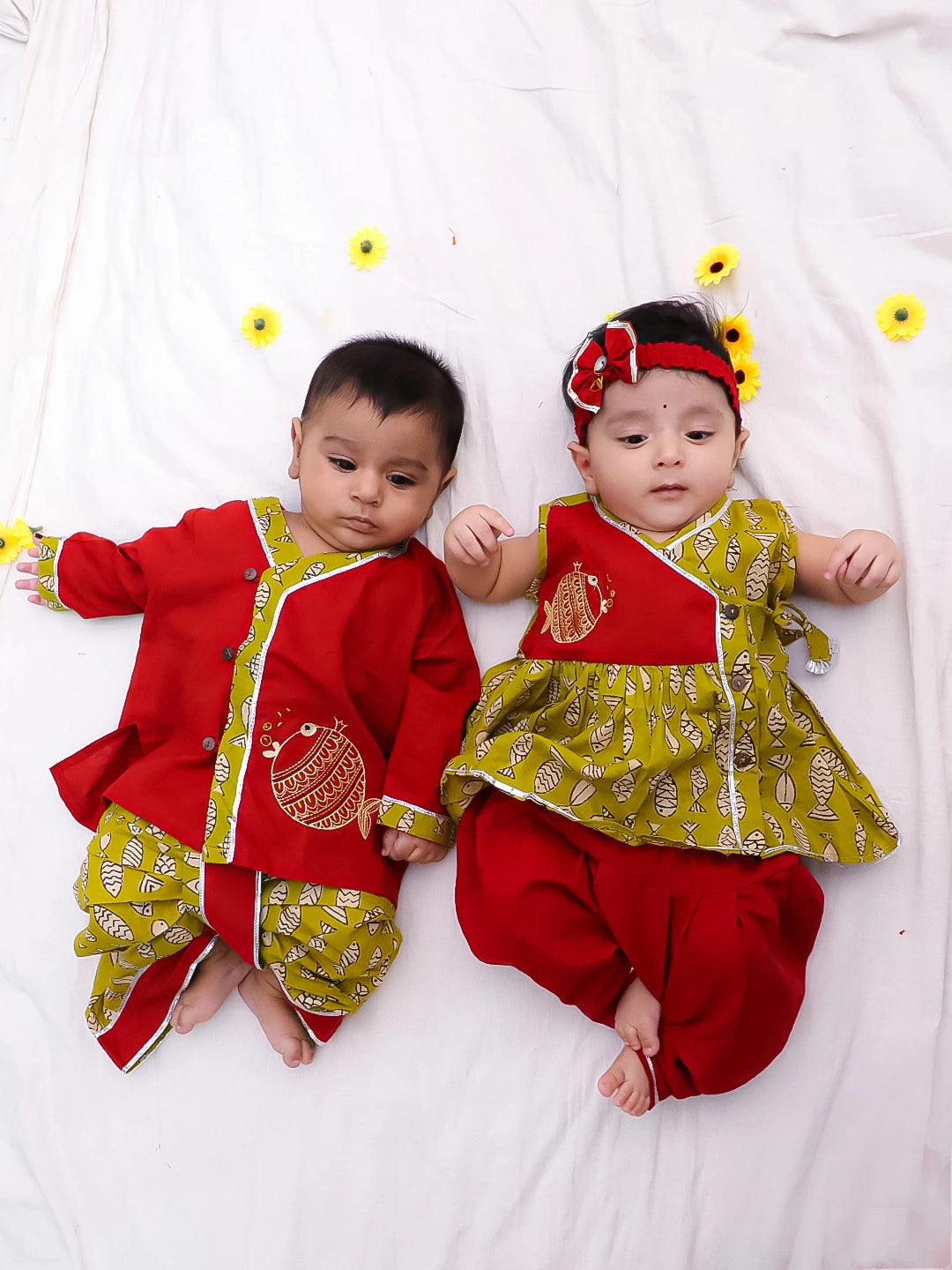 BownBee Pure Cotton Fish Embroidered Ethnic Suit Set & Kurta Dhoti Sibling Set For Infants