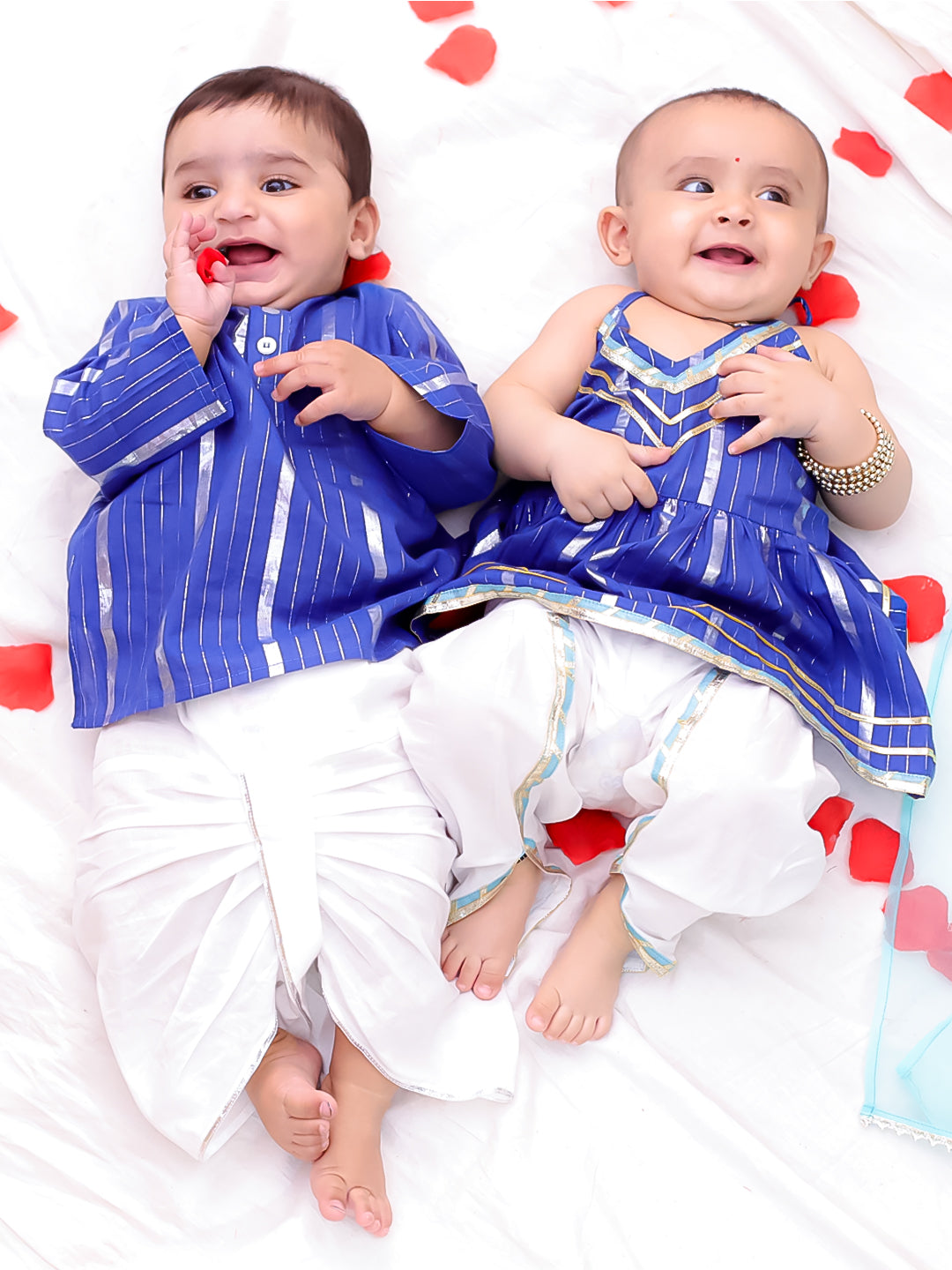 BownBee Pure Cotton Lurex Suit And Dhoti Kurta Sibling Set For Infant Girls - White