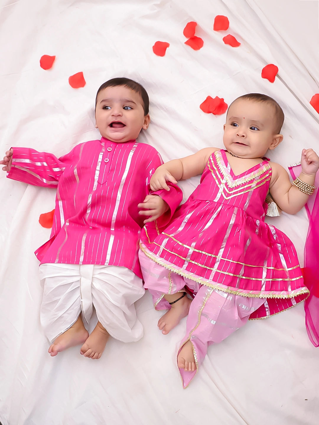 BownBee Pure Cotton Lurex Suit And Dhoti Kurta Sibling Set For Infant Girls - Blue