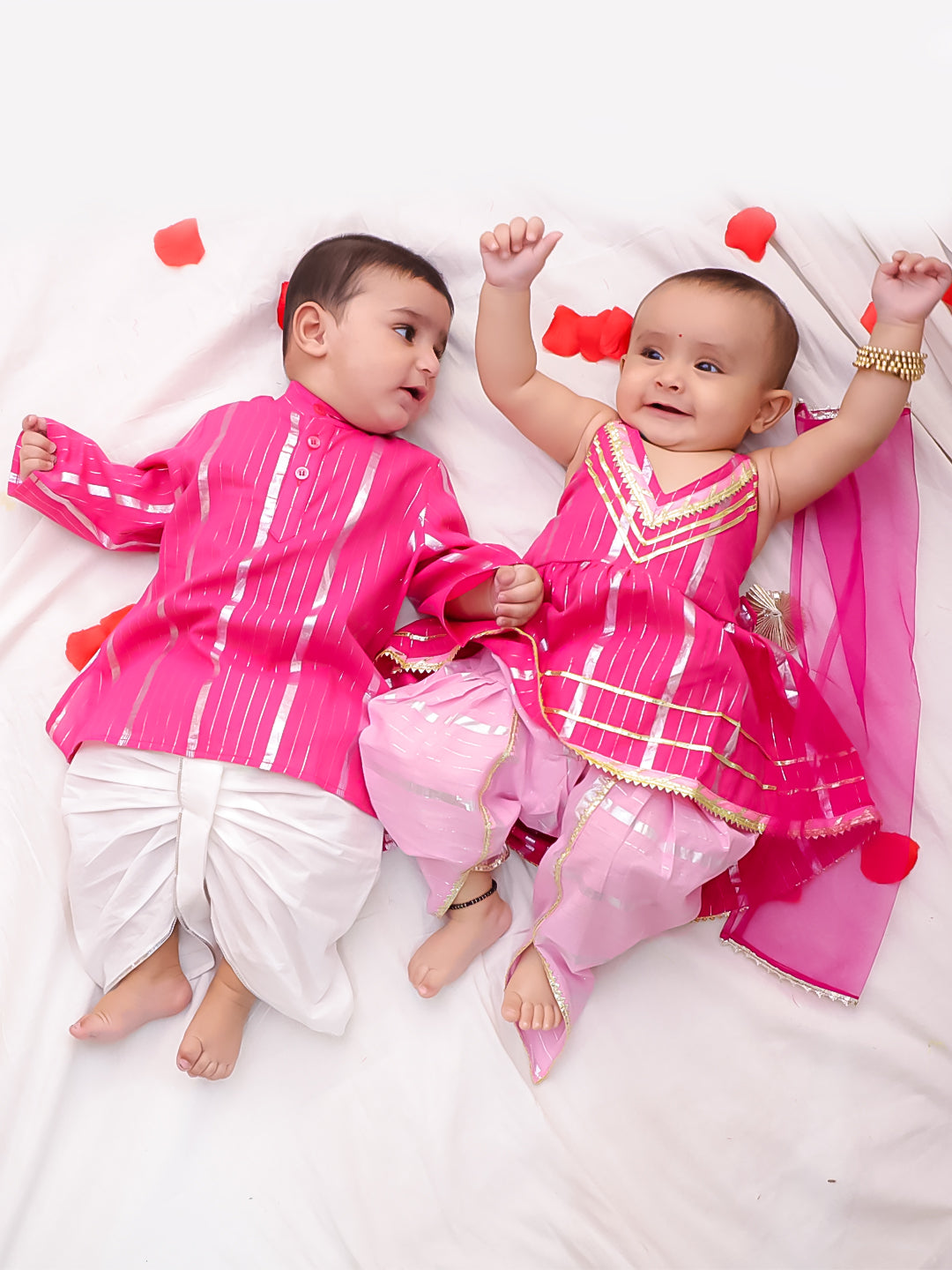 BownBee Pure Cotton Lurex Suit And Dhoti Kurta Sibling Set For Infant Girls - Pink