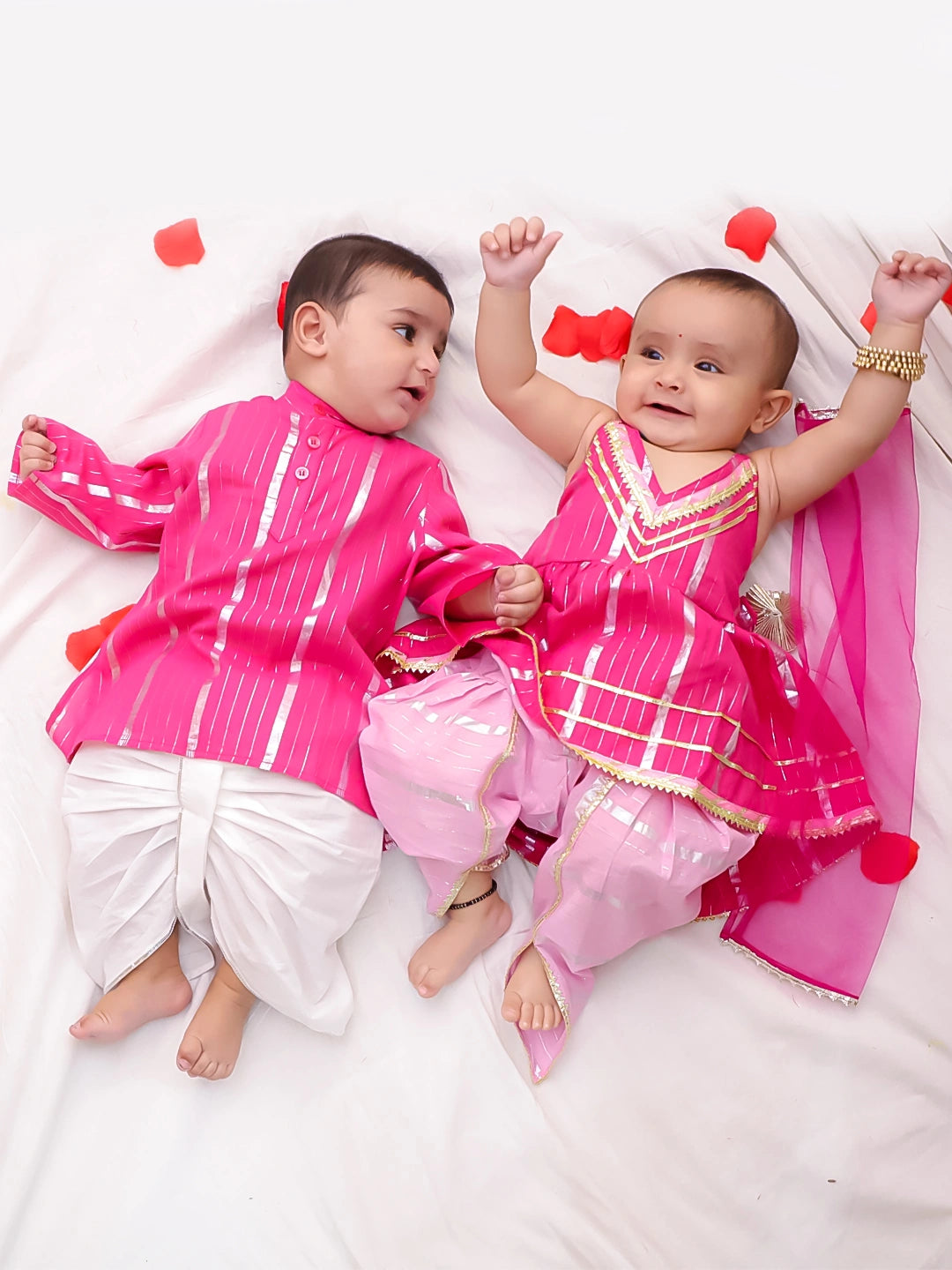 BownBee Pure Cotton Lurex Suit And Dhoti Kurta Sibling Set For Infant Girls - Pink