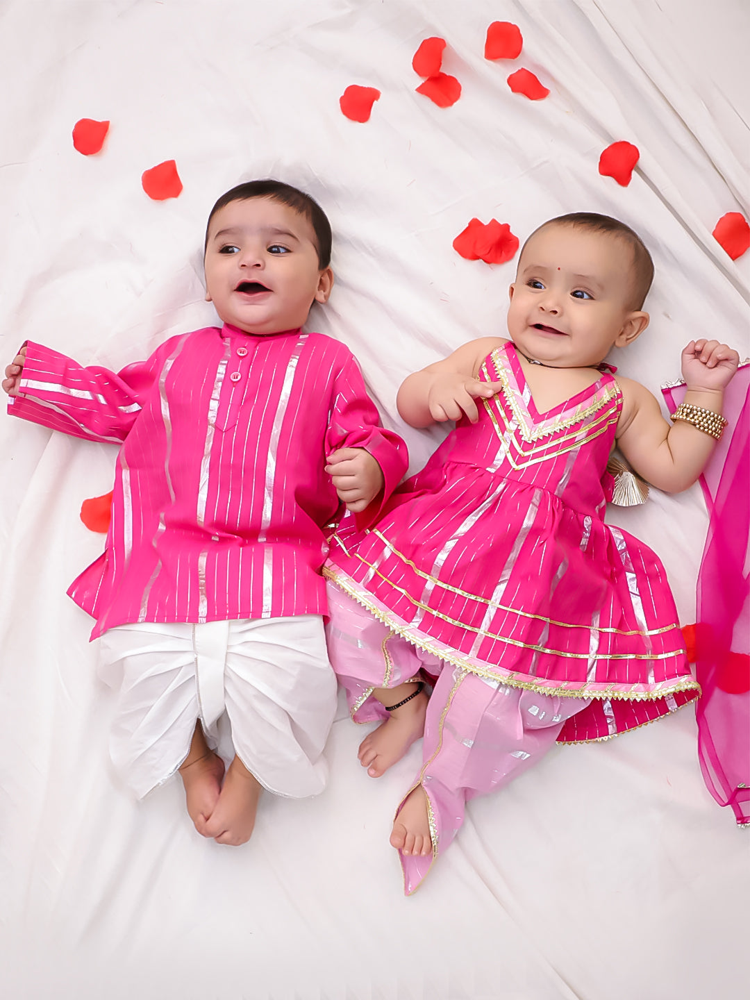 BownBee Pure Cotton Lurex Suit And Dhoti Kurta Sibling Set For Infant Girls - Pink