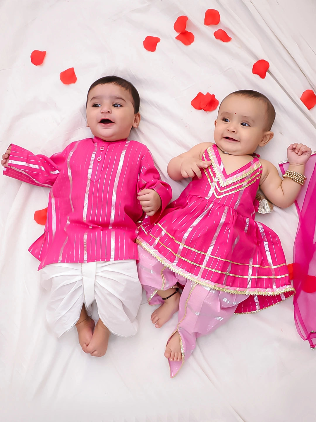 BownBee Pure Cotton Lurex Suit And Dhoti Kurta Sibling Set For Infant Girls - Blue