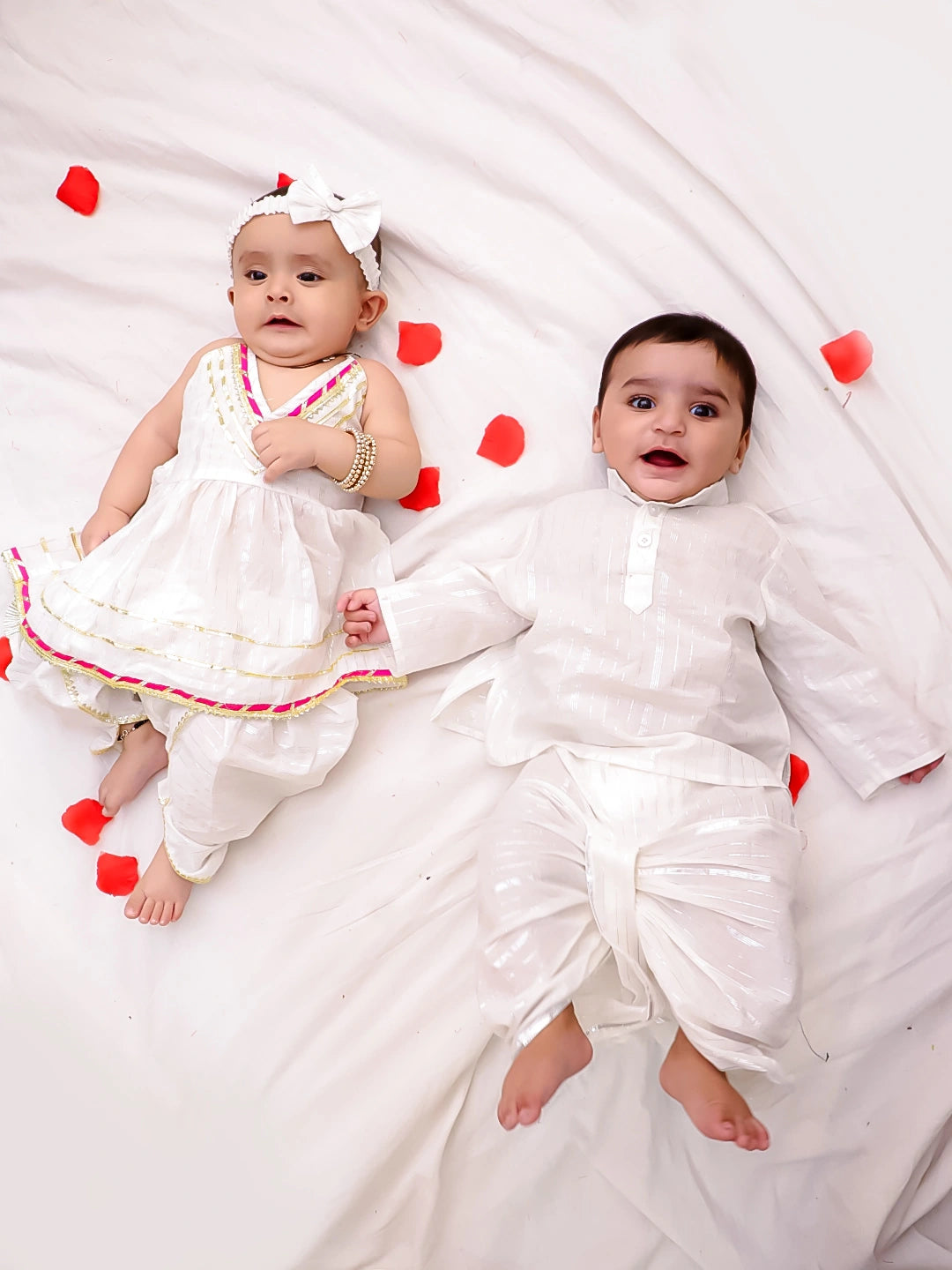 BownBee Pure Cotton Lurex Suit And Dhoti Kurta Sibling Set For Infant Girls - Pink