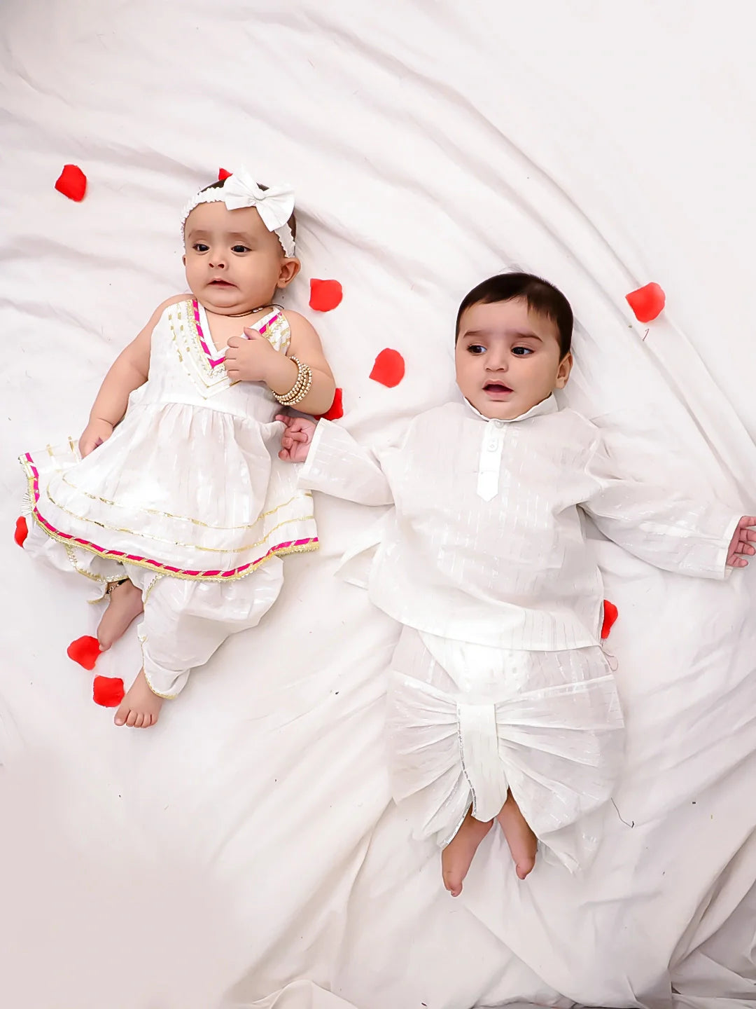 BownBee Pure Cotton Lurex Suit And Dhoti Kurta Sibling Set For Infant Girls