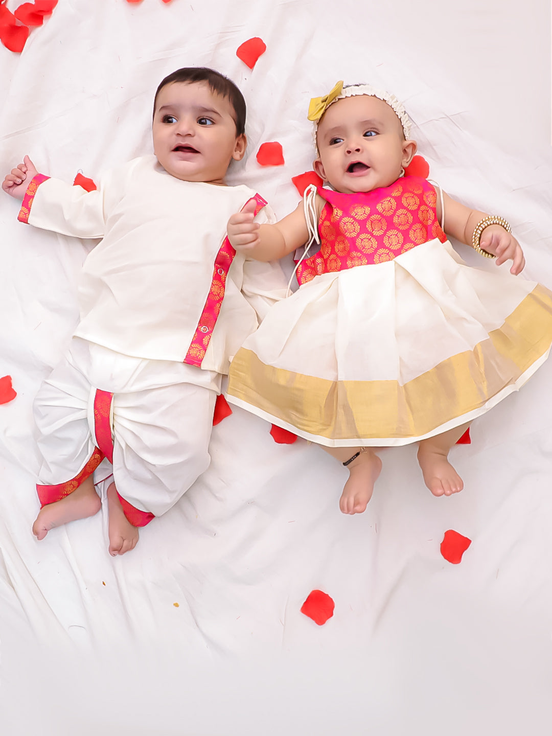 BownBee Ethnic Dress With Dhot Kurta Sibling Set - Pink