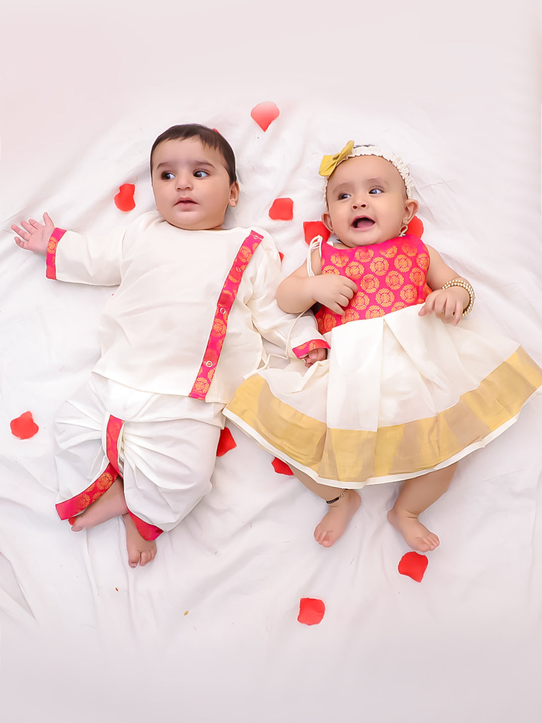 BownBee Ethnic Dress With Dhot Kurta Sibling Set - Pink