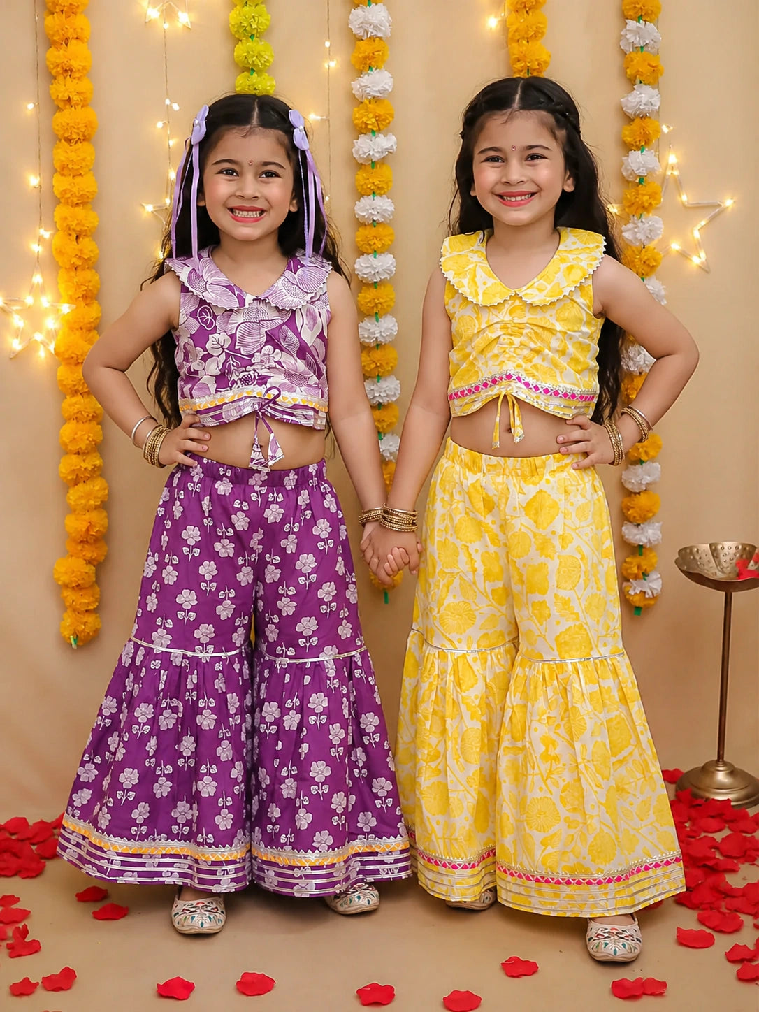 Pure Cotton Printed Indo-Western Sibking Set Purple & Yellow Combo