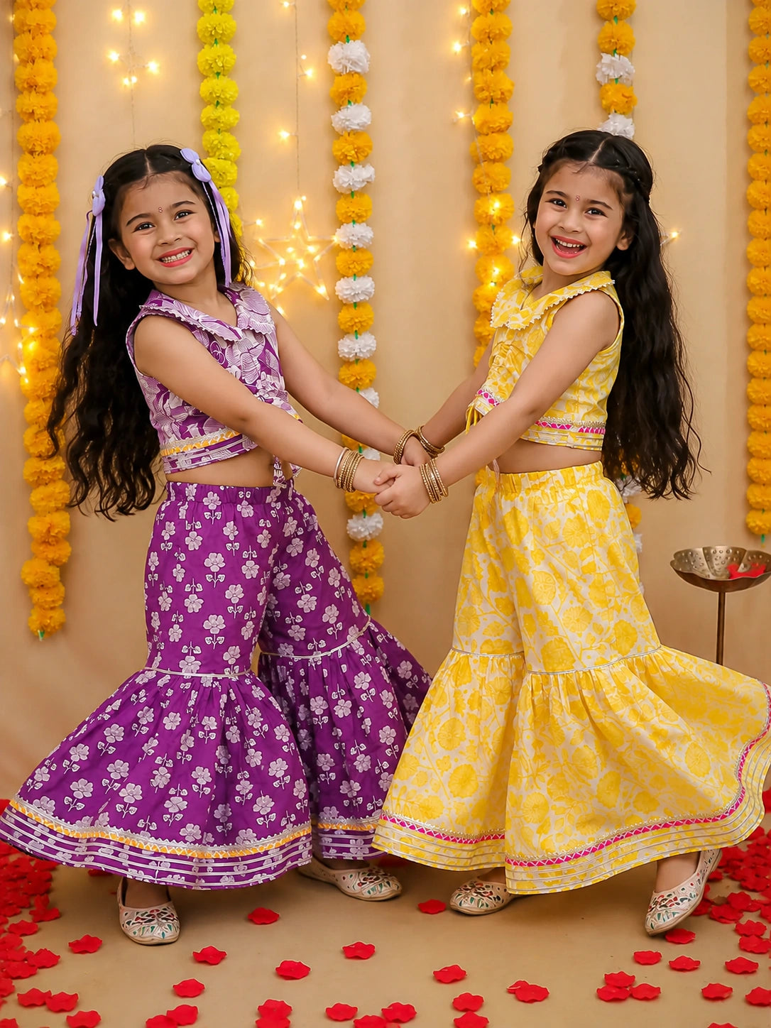 Pure Cotton Printed Indo-Western Sibking Set Purple & Yellow Combo