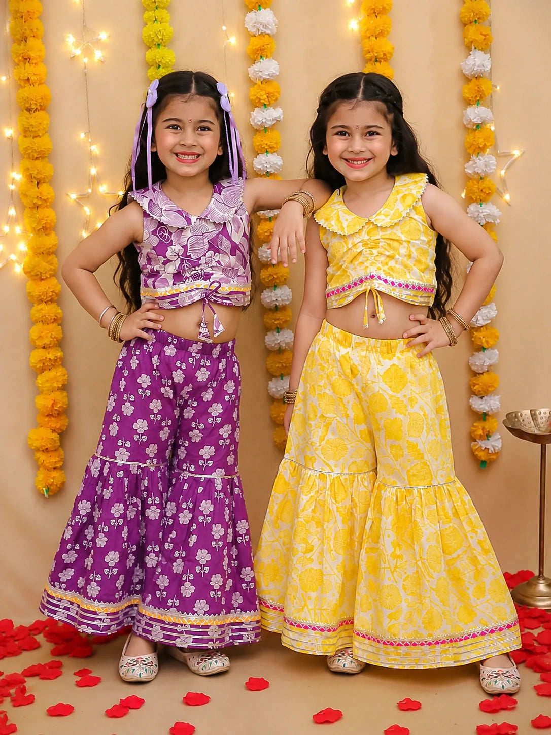 Pure Cotton Printed Indo-Western Sibking Set Purple & Yellow Combo