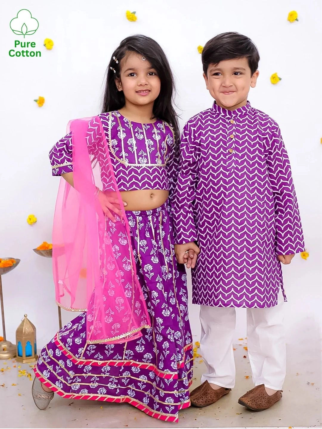 BownBee Festive Lehenga Choli & Kurta Pajama Sibling Set
