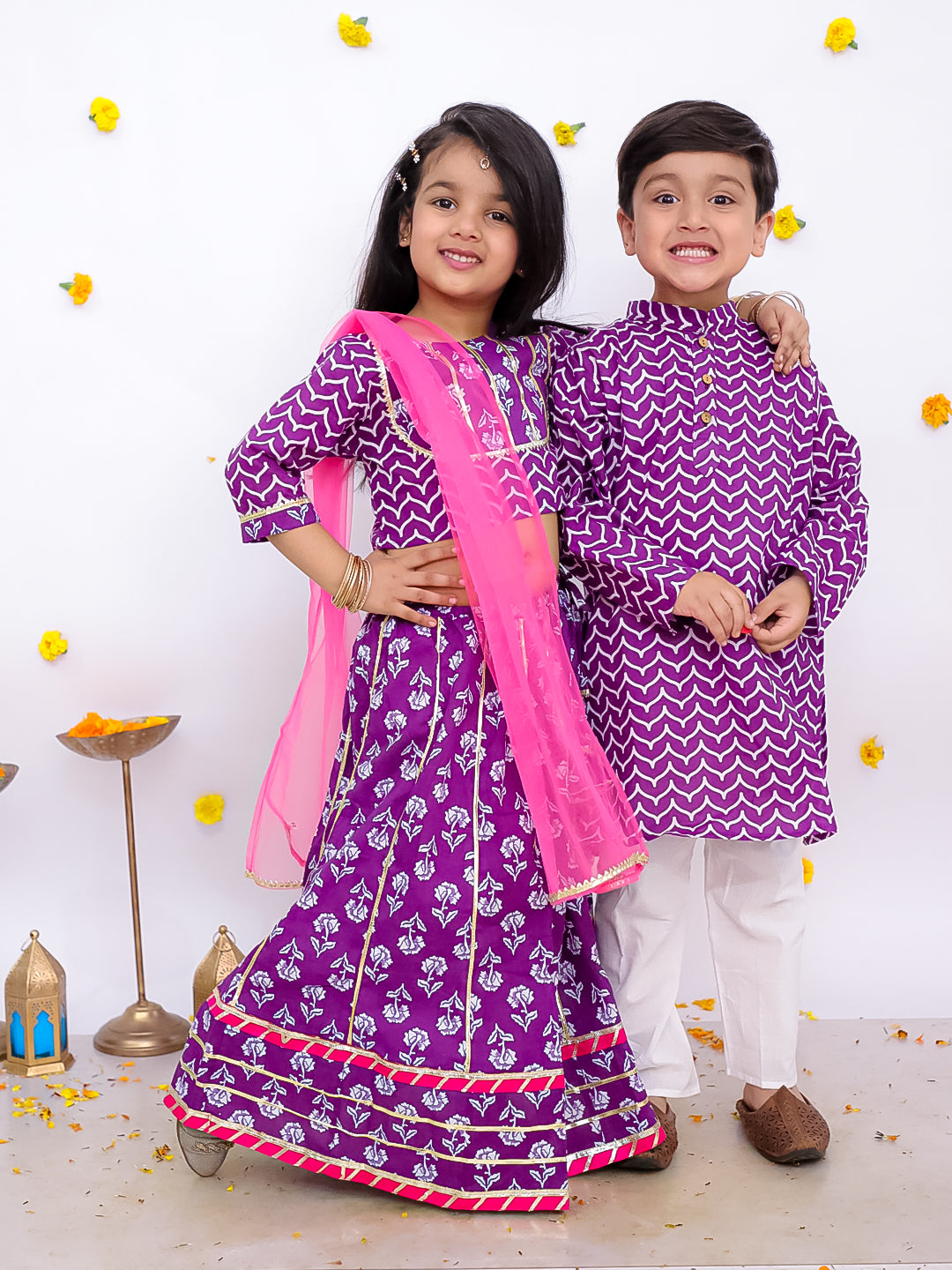 BownBee Festive Lehenga Choli & Kurta Pajama Sibling Set - Purple