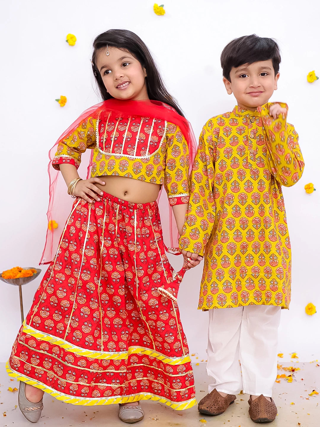 BownBee Festive Lehenga Choli & Kurta Pajama Sibling Set - Red/Yellow