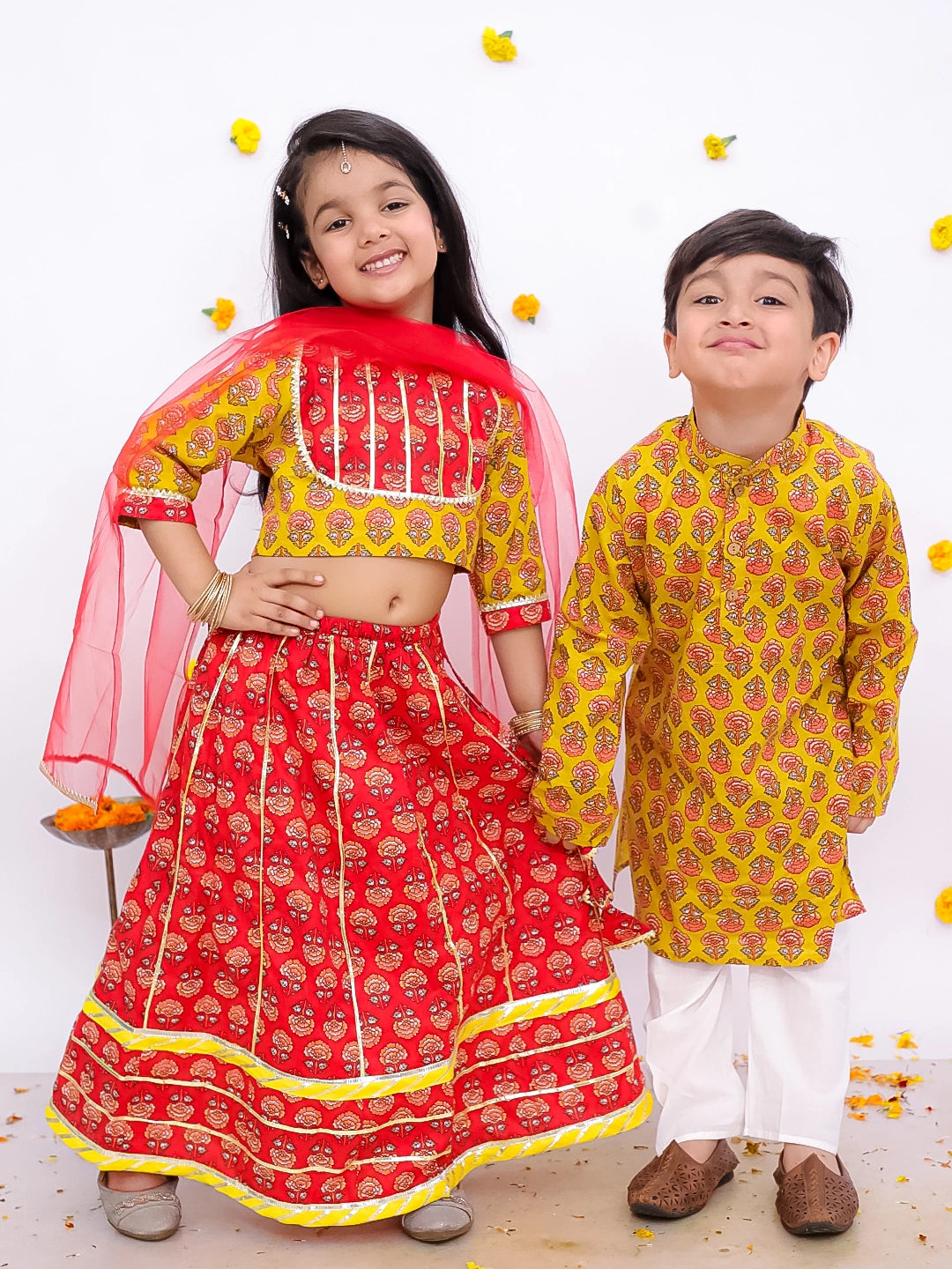 BownBee Festive Lehenga Choli & Kurta Pajama Sibling Set - Red/Yellow
