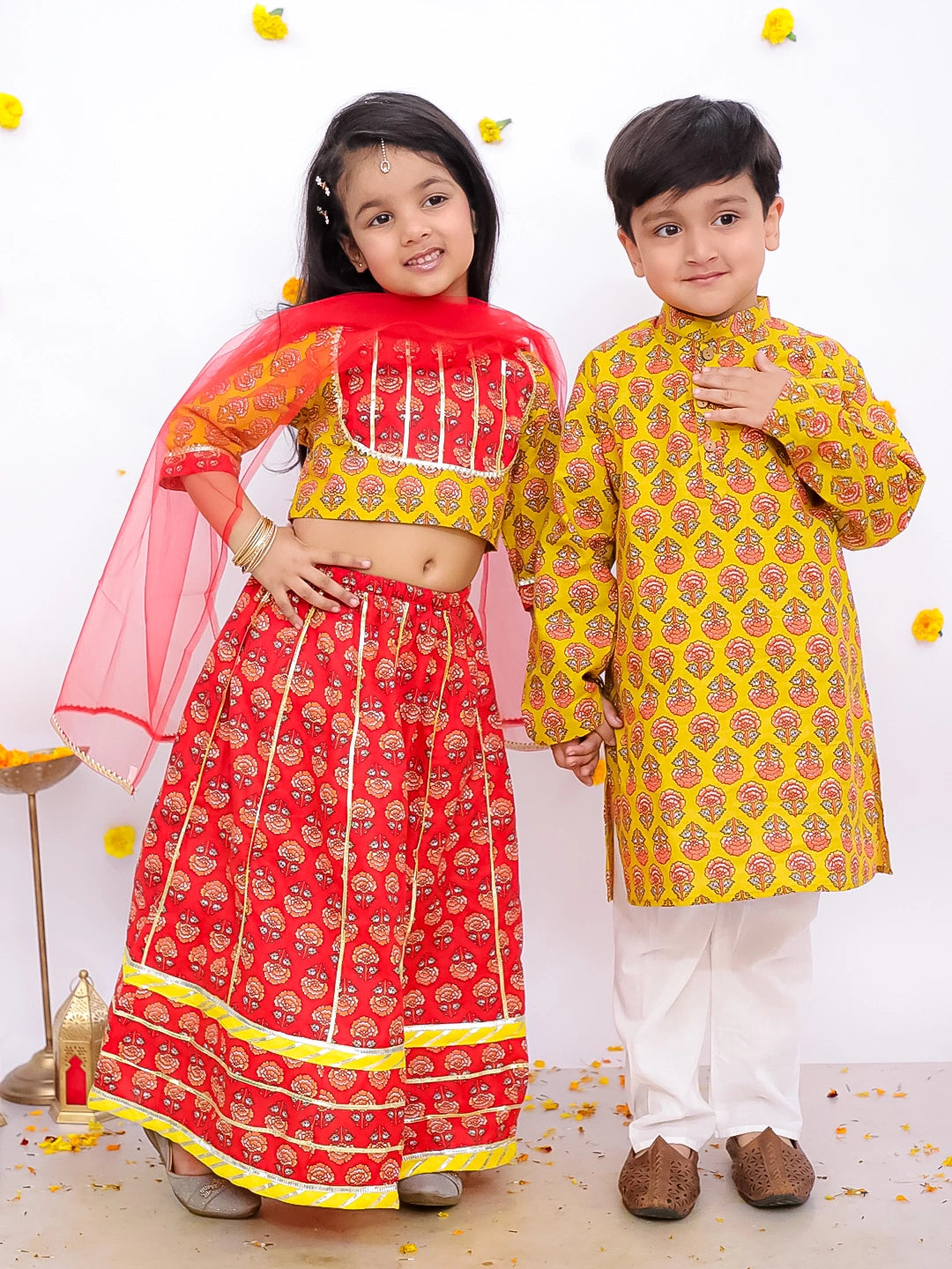 BownBee Festive Lehenga Choli & Kurta Pajama Sibling Set - Red/Yellow