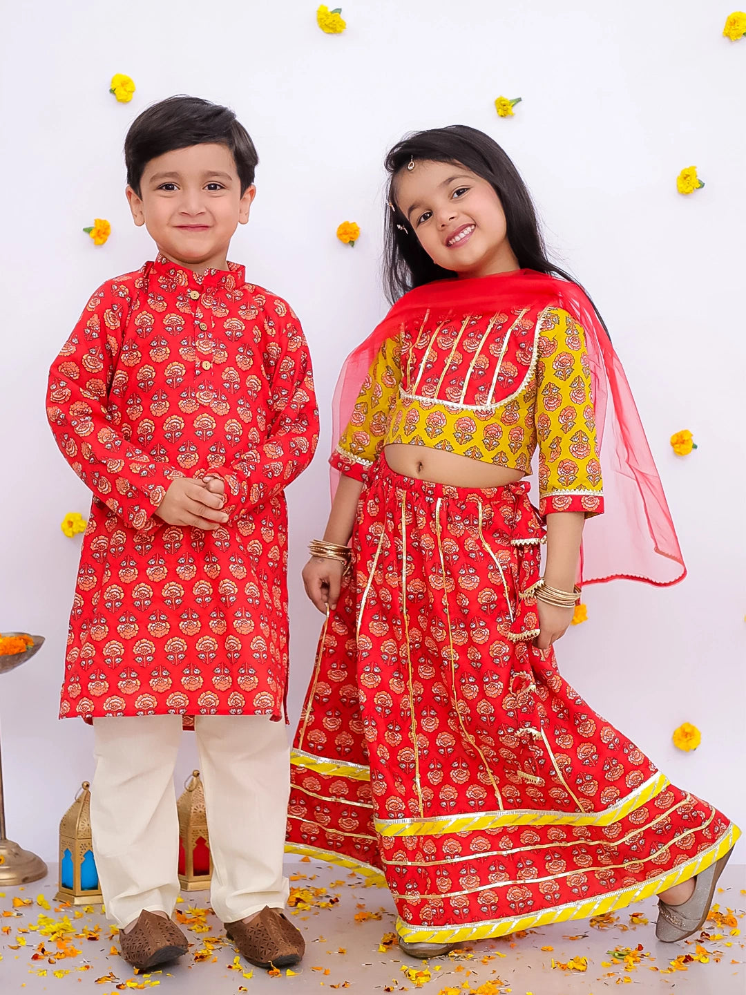 BownBee Festive Lehenga Choli & Kurta Pajama Sibling Set - Red