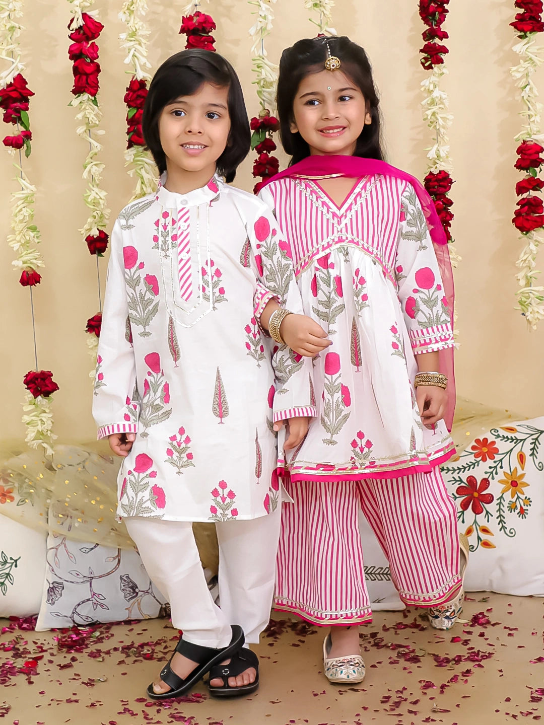 BownBee Pure Cotton Sharara Suit Set with Dupatta & Kurta Pajama Sibling Set - Pink