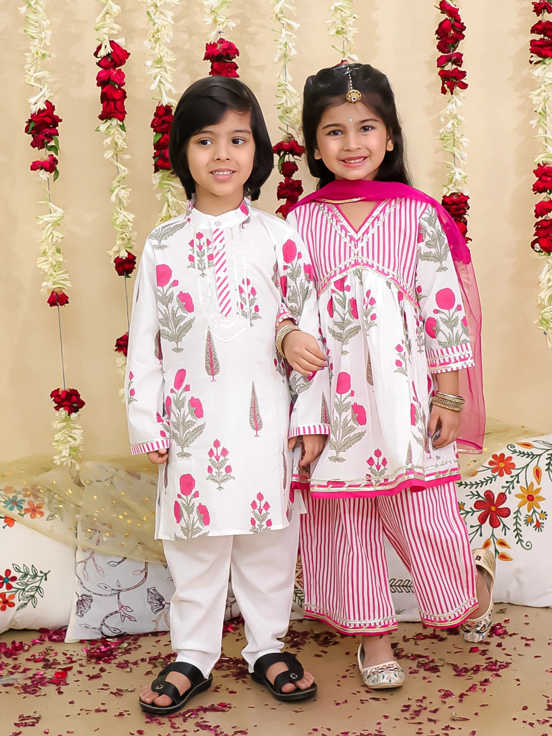 BownBee Pure Cotton Sharara Suit Set with Dupatta & Kurta Pajama Sibling Set - Pink