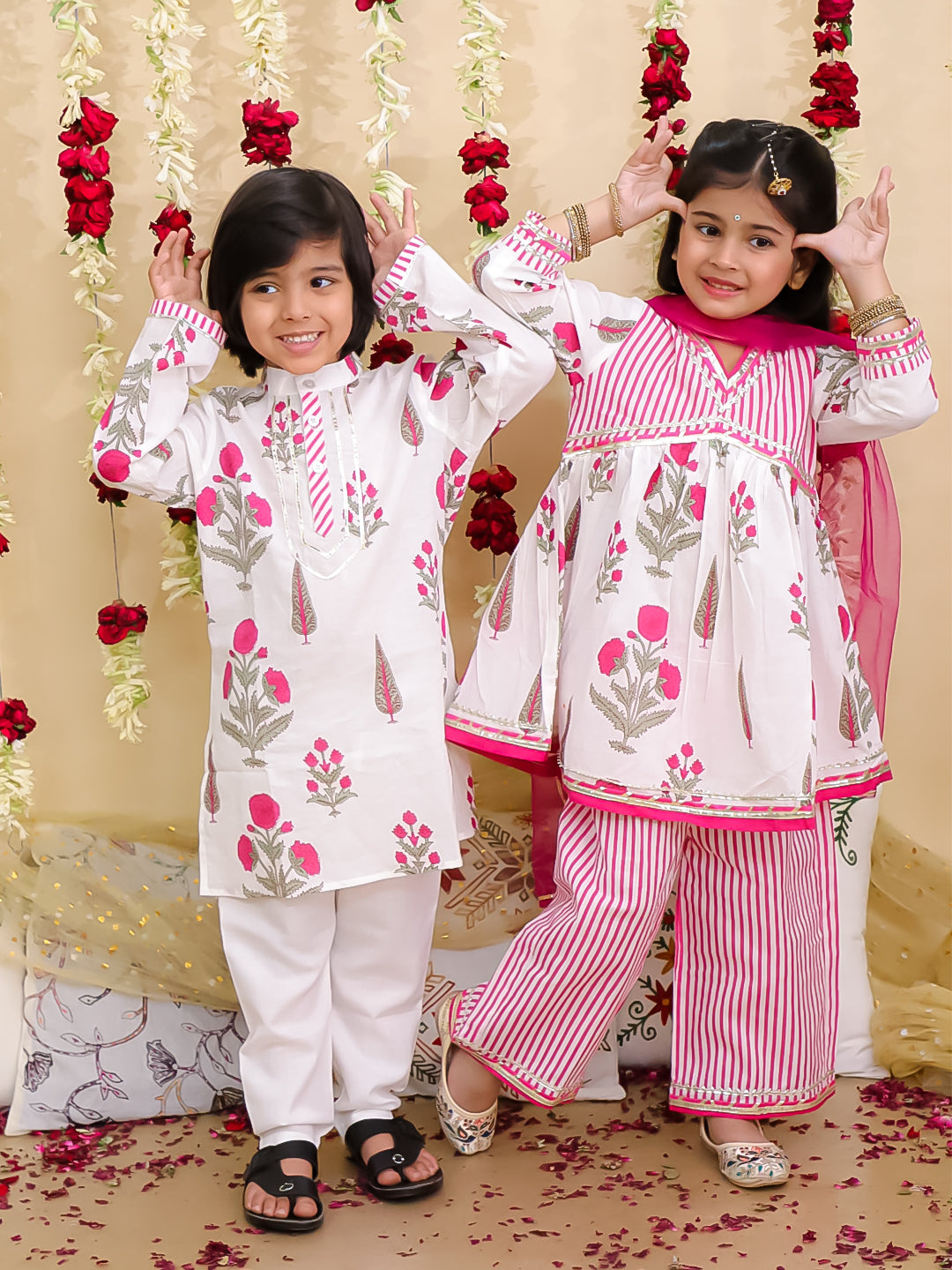 BownBee Pure Cotton Sharara Suit Set with Dupatta & Kurta Pajama Sibling Set - Pink