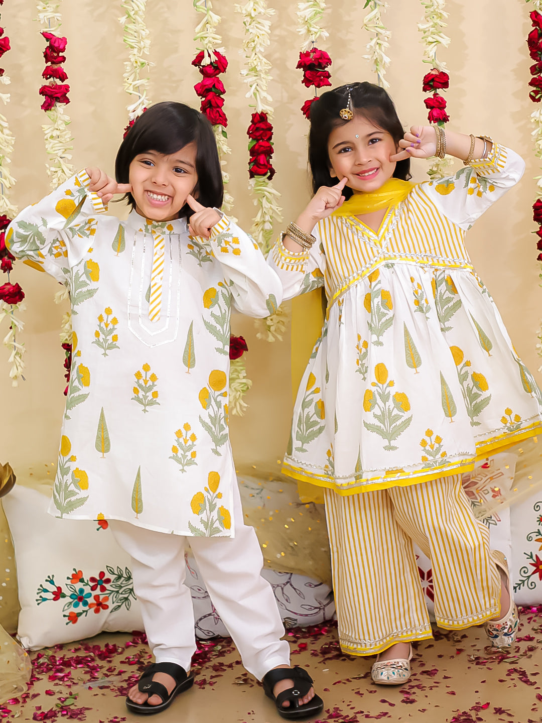 BownBee Pure Cotton Sharara Suit Set with Dupatta & Kurta Pajama Sibling Set - Yellow