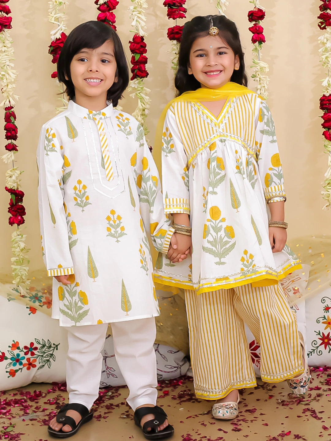 BownBee Pure Cotton Sharara Suit Set with Dupatta & Kurta Pajama Sibling Set - Yellow