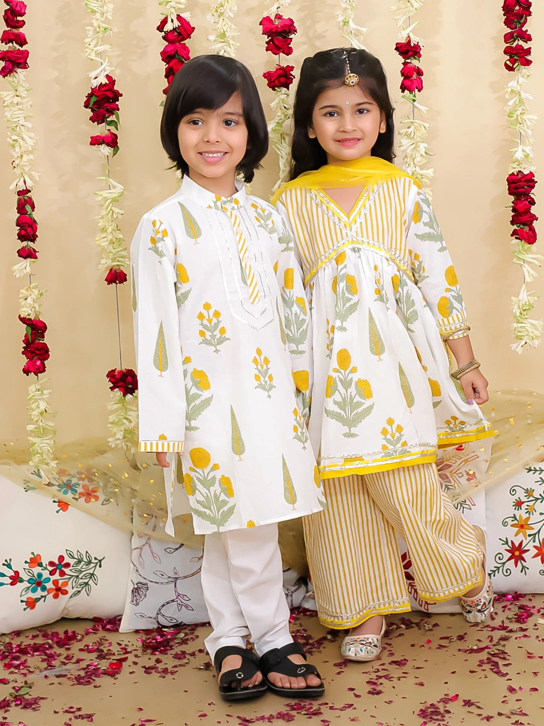 BownBee Pure Cotton Sharara Suit Set with Dupatta & Kurta Pajama Sibling Set - Yellow