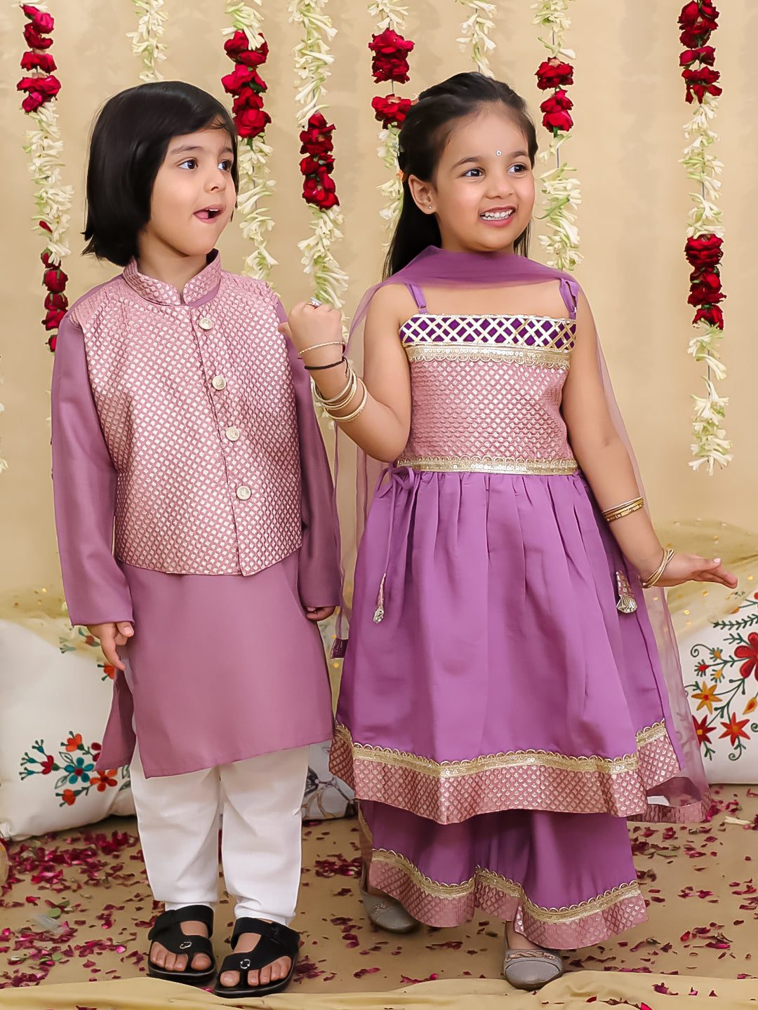 BownBee Jacquard sharara Suit With Dupatta & Kurta Pajama With Attached Jacket Sibling Set - Lilac