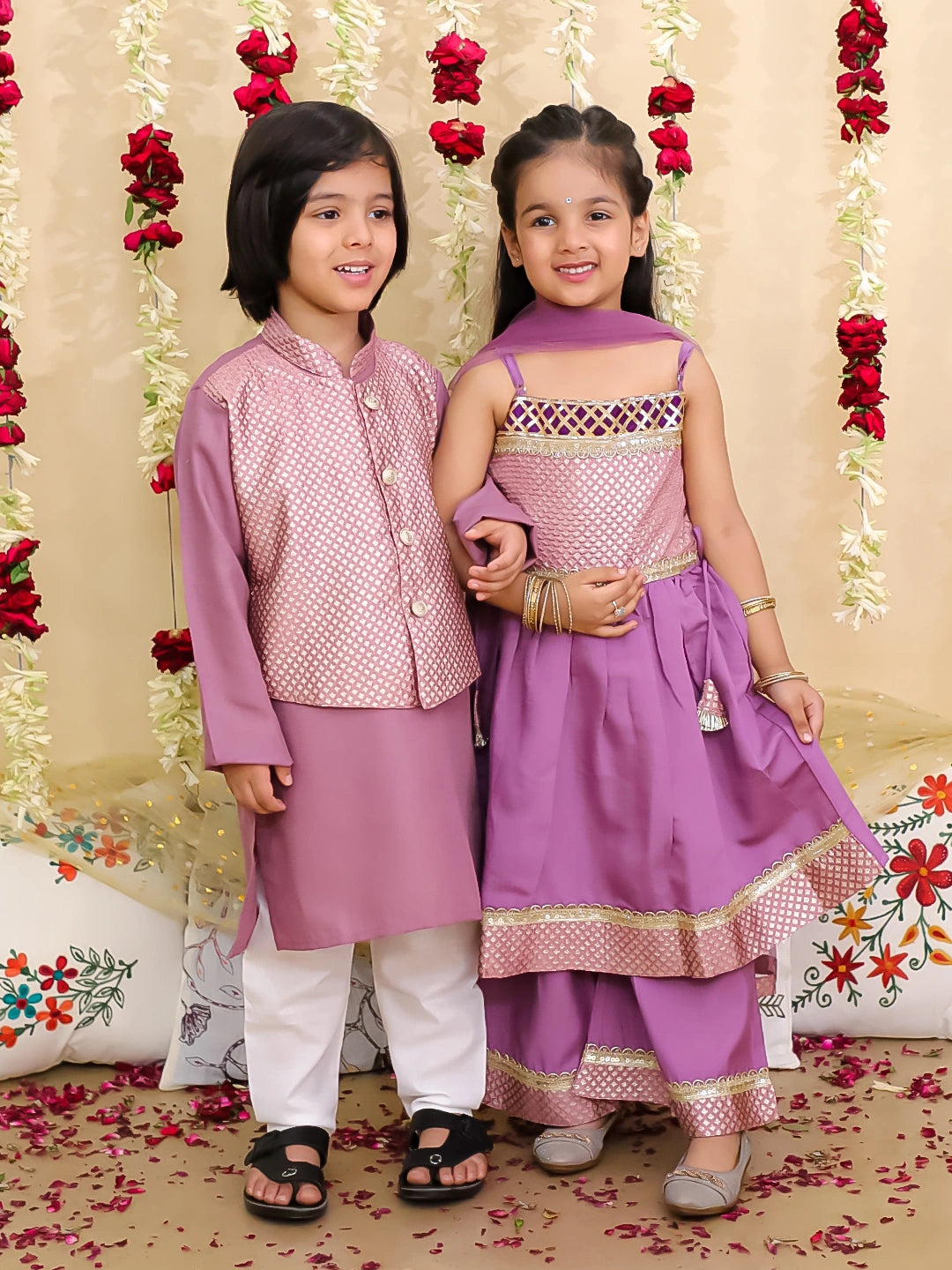 BownBee Jacquard sharara Suit With Dupatta & Kurta Pajama With Attached Jacket Sibling Set - Lilac