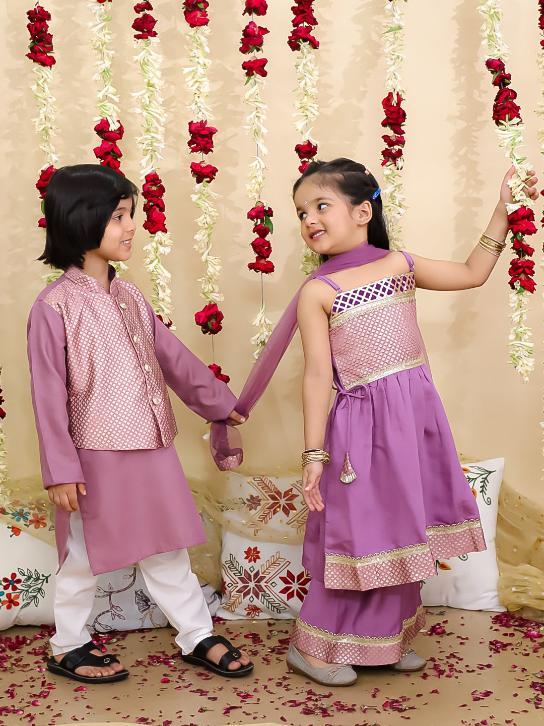 BownBee Jacquard sharara Suit With Dupatta & Kurta Pajama With Attached Jacket Sibling Set - Lilac