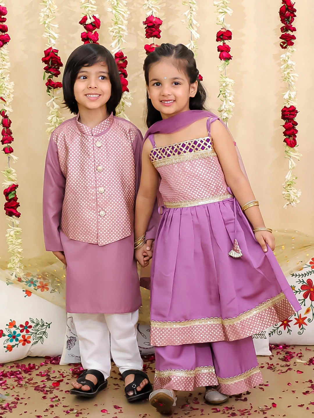 BownBee Jacquard sharara Suit With Dupatta & Kurta Pajama With Attached Jacket Sibling Set - Lilac