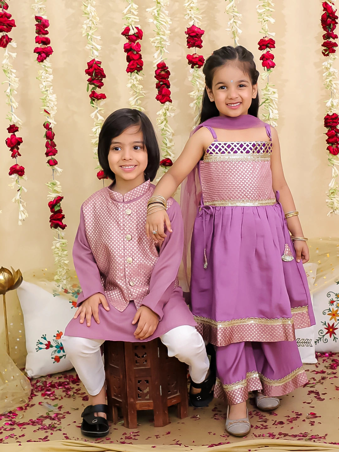 BownBee Jacquard sharara Suit With Dupatta & Kurta Pajama With Attached Jacket Sibling Set - Lilac